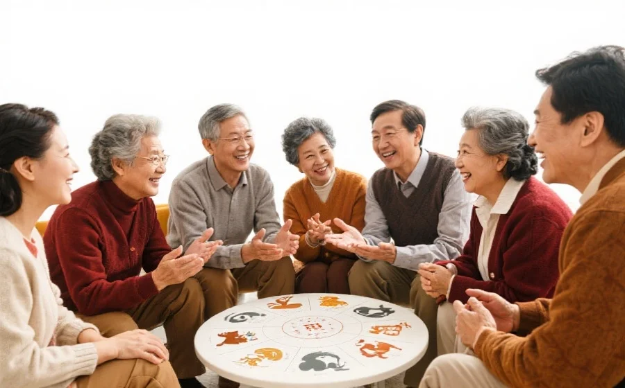 一群不同年龄段的人围坐在一起，热烈讨论十二生肖与资讯的关系，氛围轻松愉快